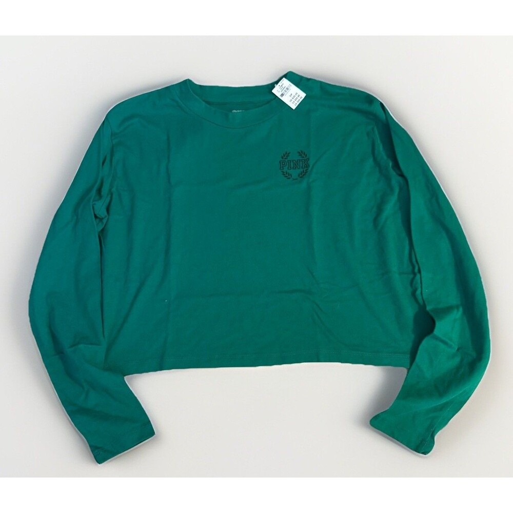 Victoria’s Secret PINK Cropped Long Sleeve Tee Green Laurel Logo X-Small NWT